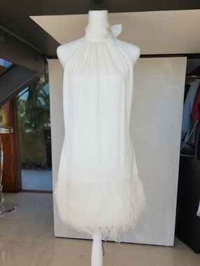 Ramy Brook Ivory Halter Feather-Trim Mini Dress